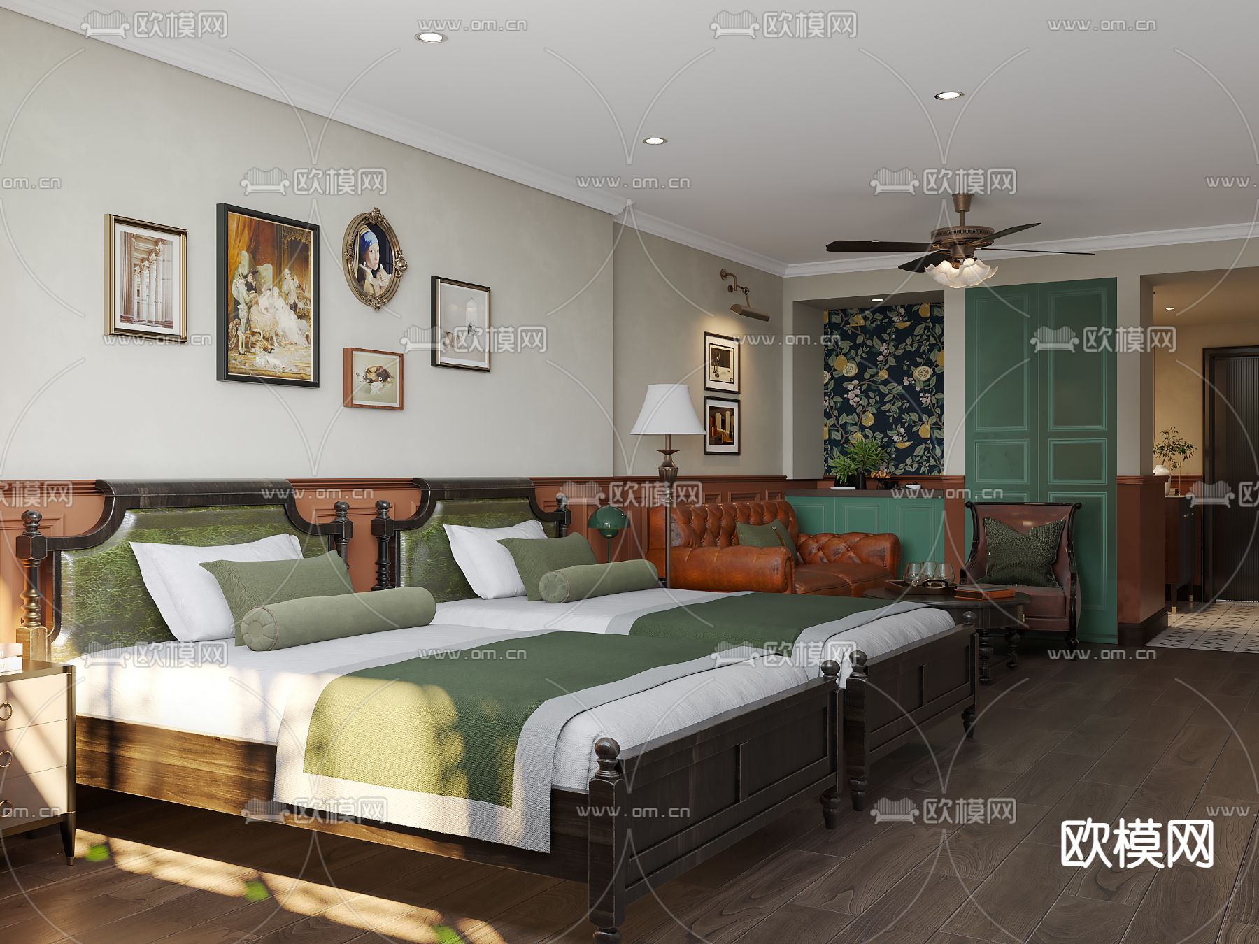 美式酒店客房 双床房3d模型下载