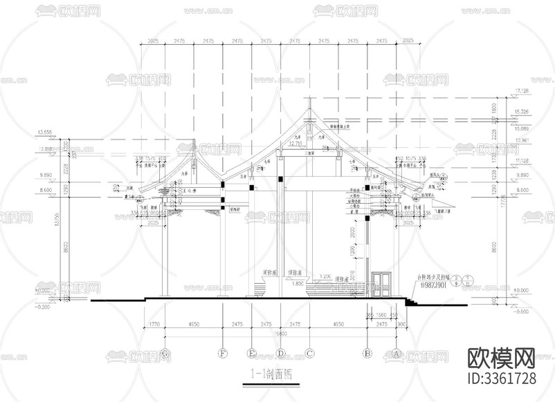 天王殿中式古建CAD施工圖下載(渲染圖5)