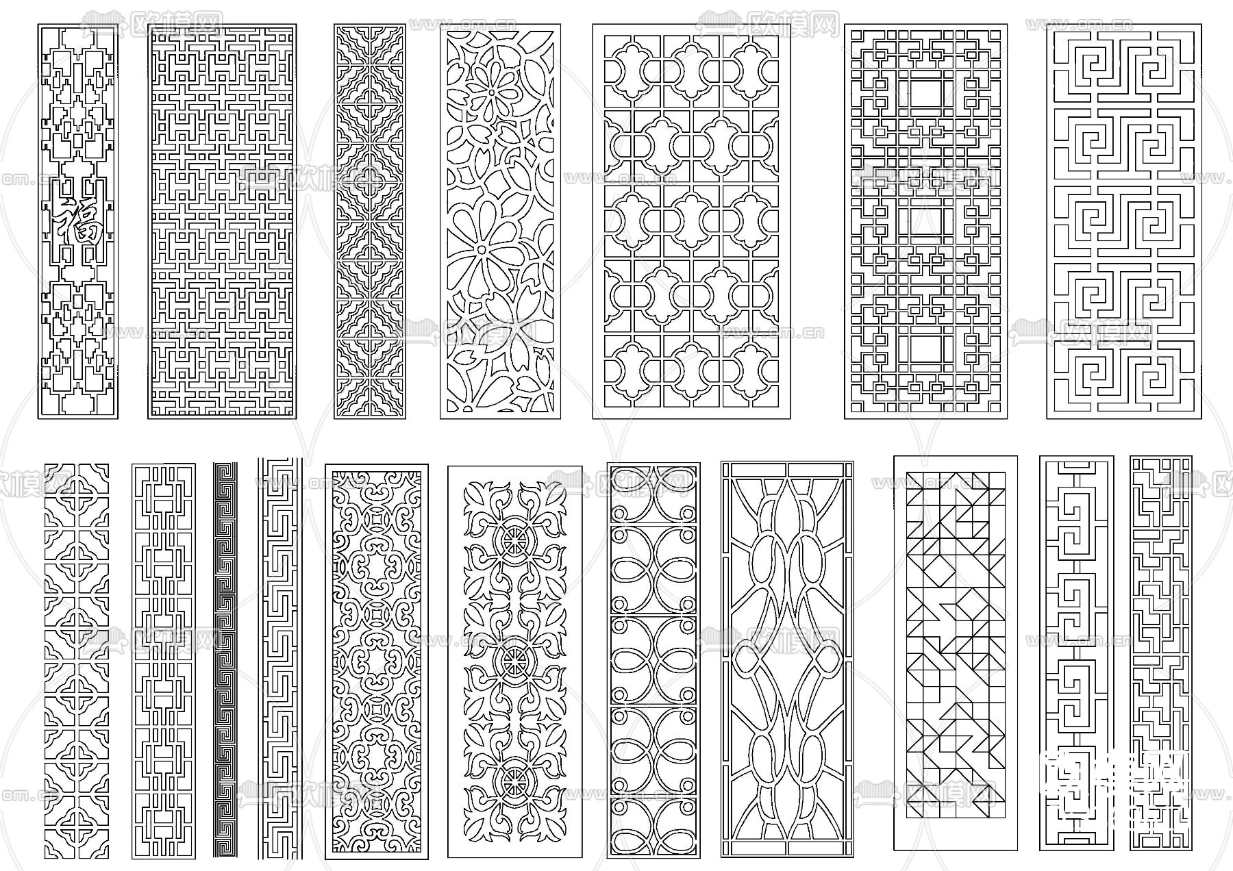 中式格栅屏风雕花cad图库下载（渲染图3）