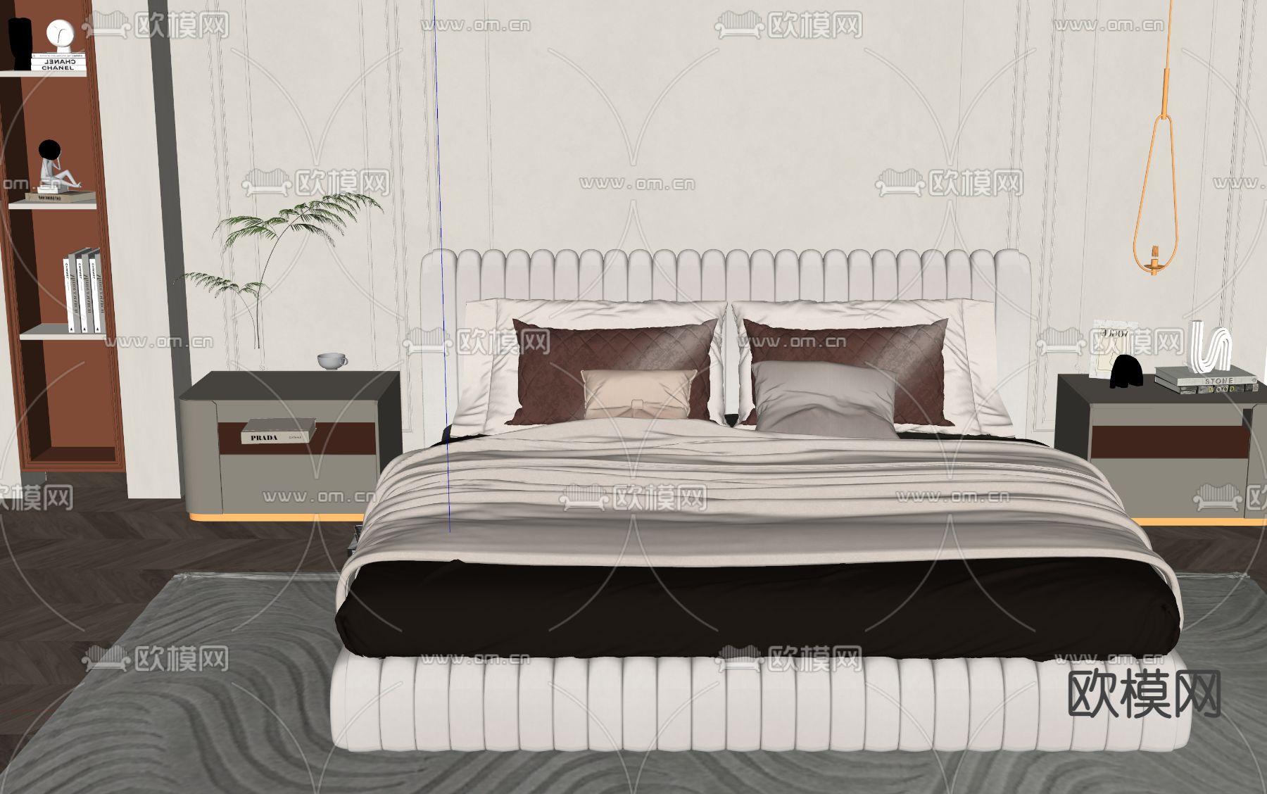 奶油风双人床su模型下载（渲染图1）