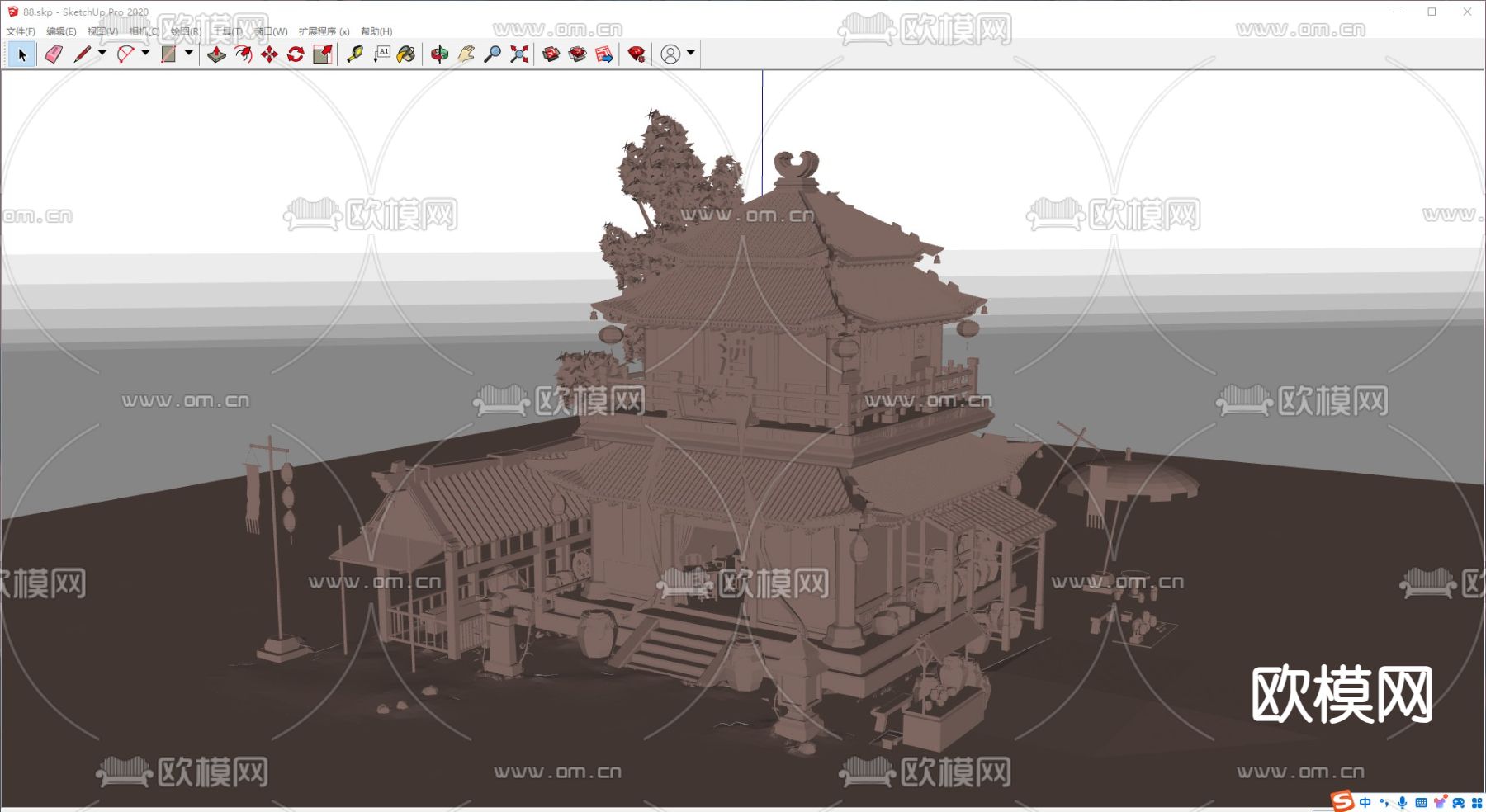 中式古建 酒楼 建筑外观su模型下载（渲染图1）