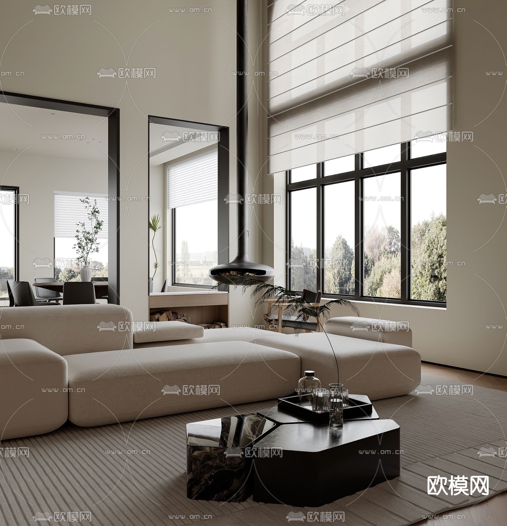 侘寂别墅客厅 别墅大堂3d模型下载（渲染图2）