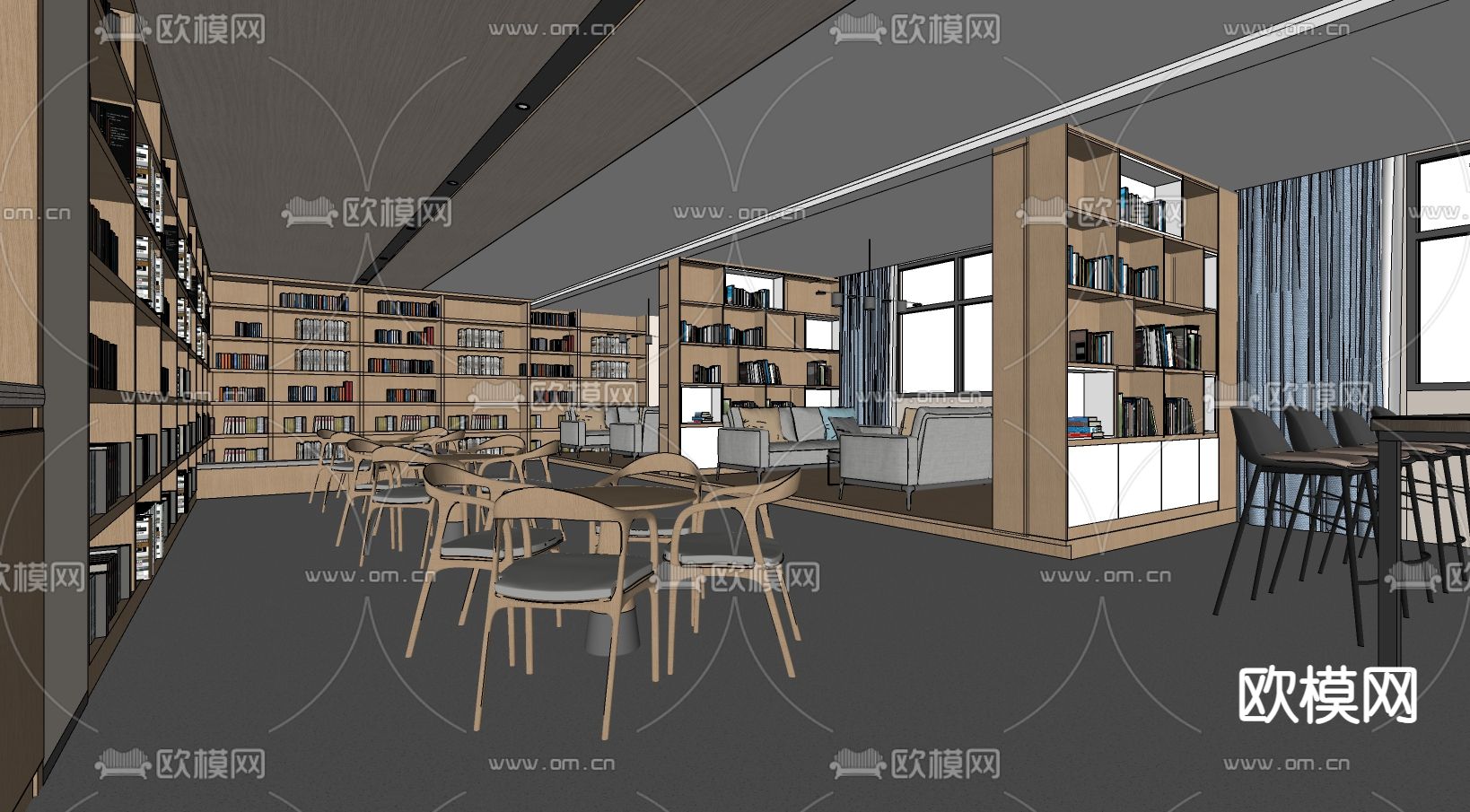 新中式图书馆su模型下载（渲染图1）