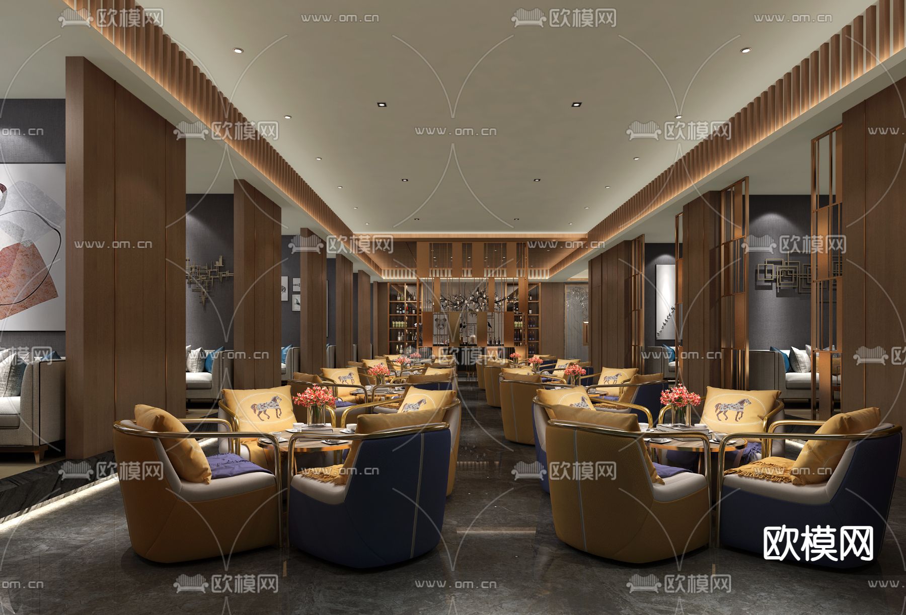 新中式酒店大堂吧3d模型下载（渲染图1）
