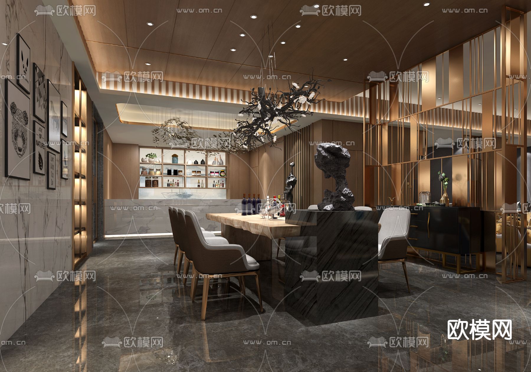 新中式酒店大堂吧3d模型下载（渲染图2）