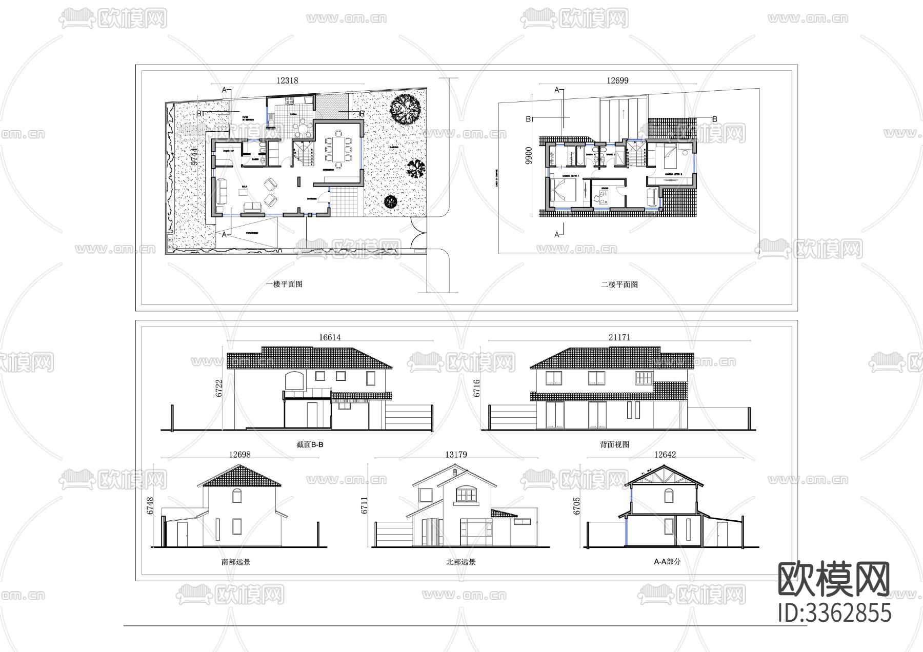 两层现代红瓦楼顶别墅CAD平面图下载