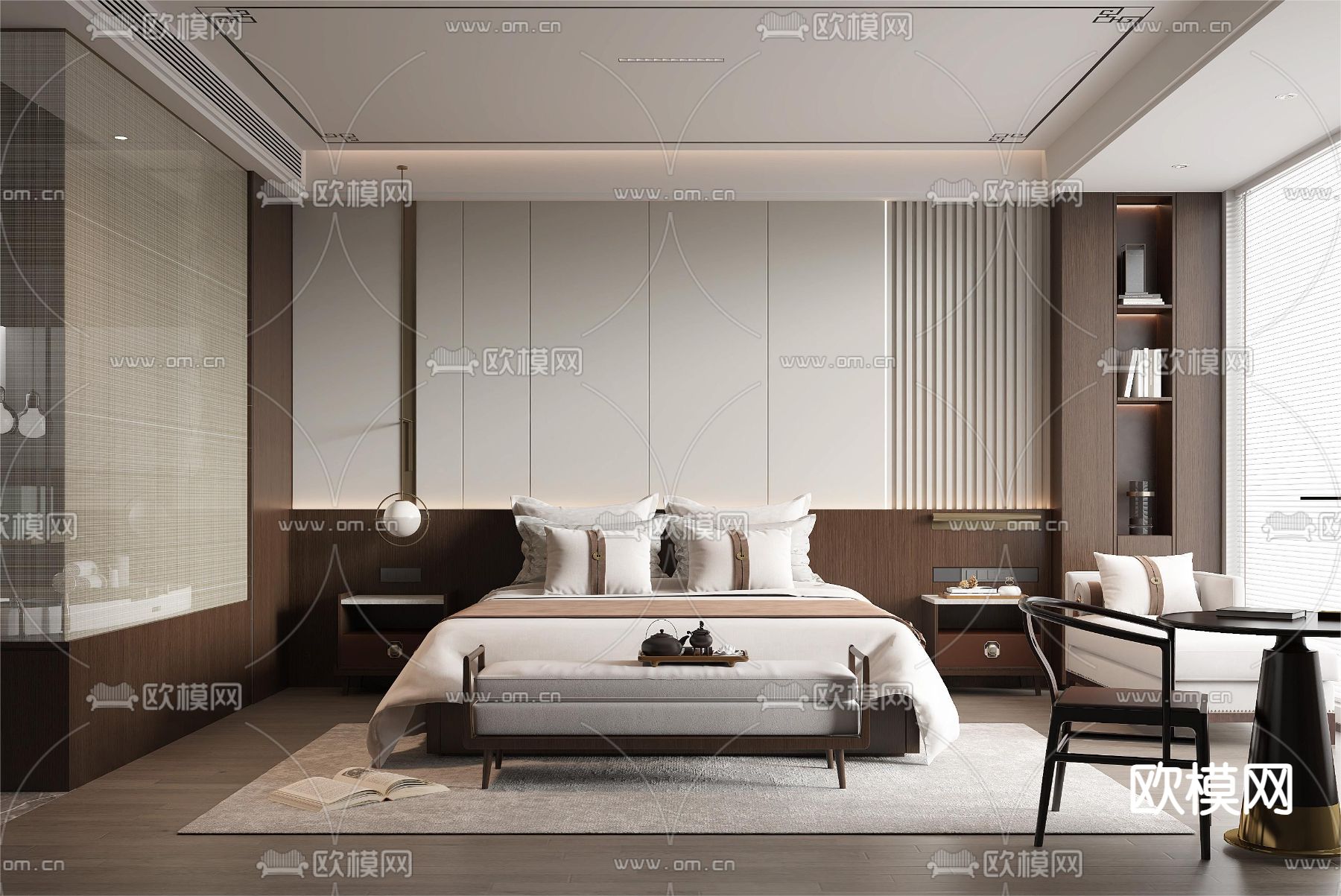 新中式酒店客房3d模型下载