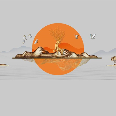  新中式金箔麋鹿壁画 壁纸贴图 