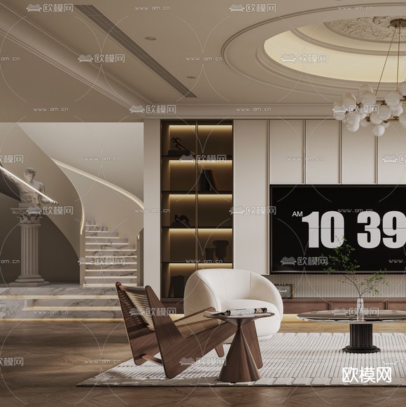 法式客厅 电视背景3d模型下载(渲染图3)