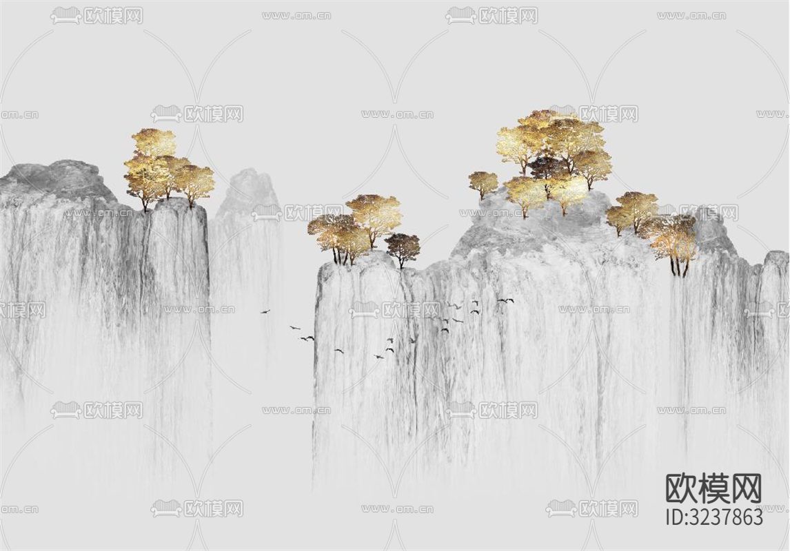 新中式金箔山水壁画 壁纸贴图下载