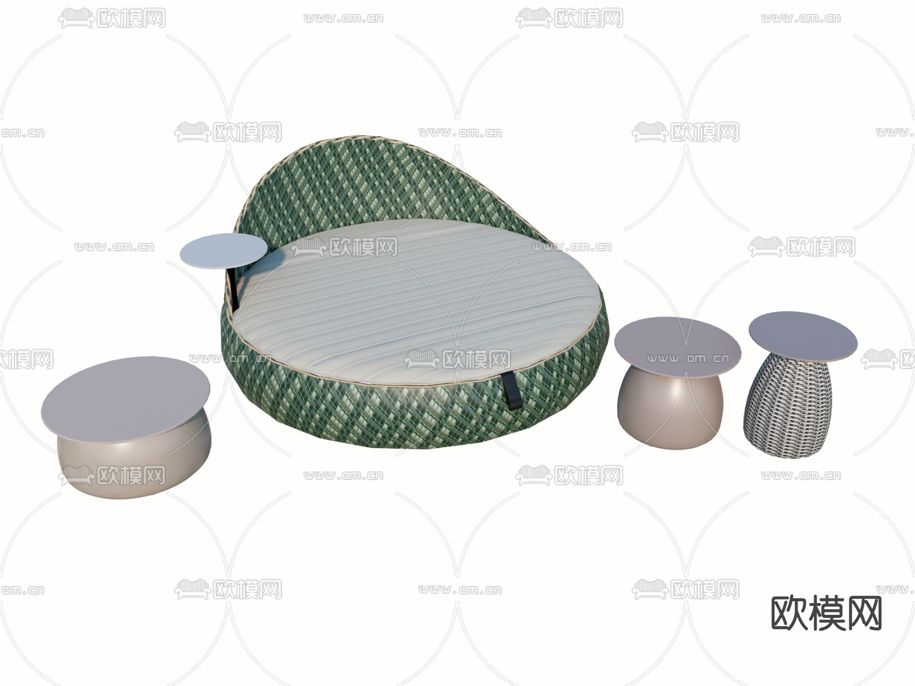 藤编圆床 桌几3d模型下载