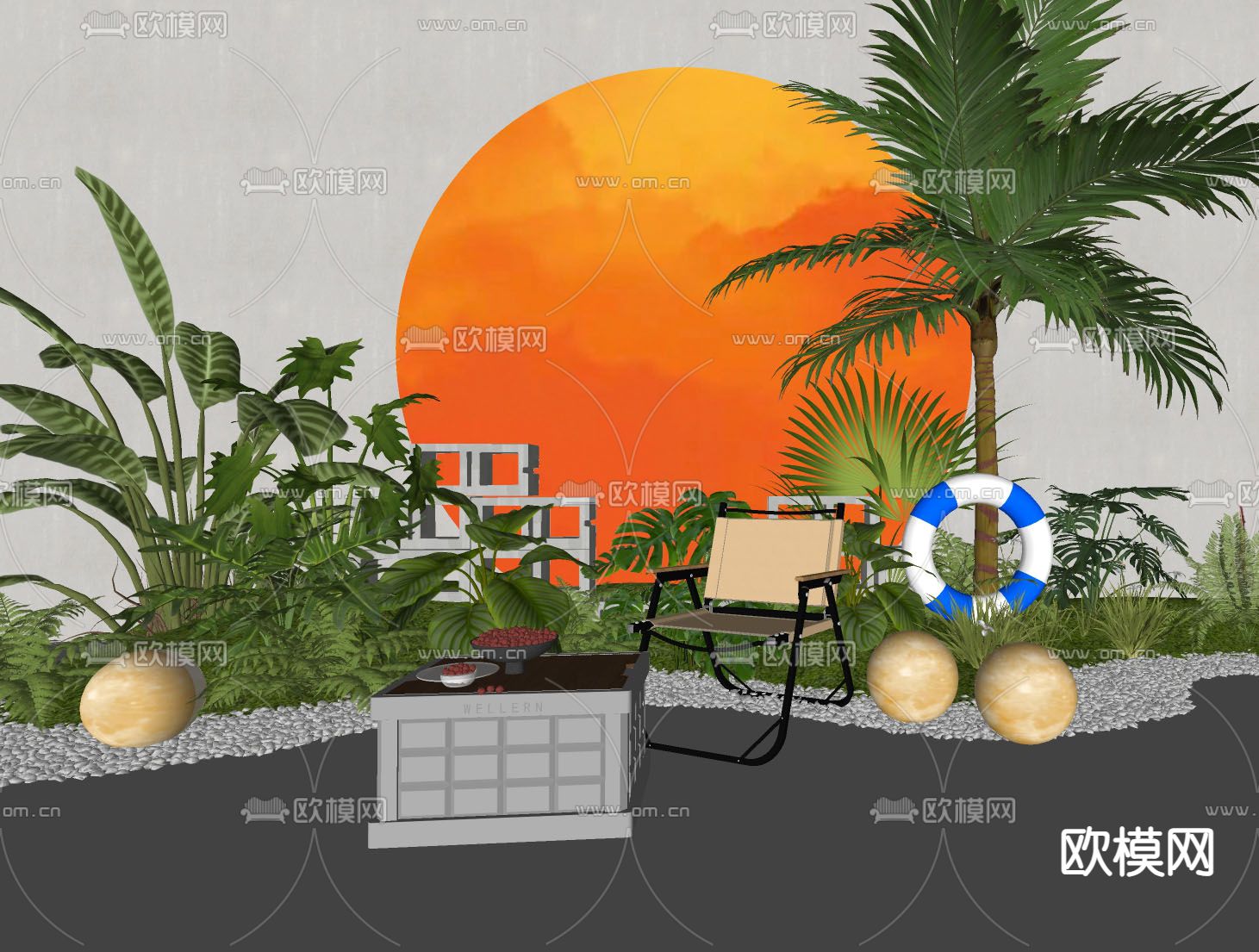 露营户外桌椅 落日美陈su模型下载（渲染图1）