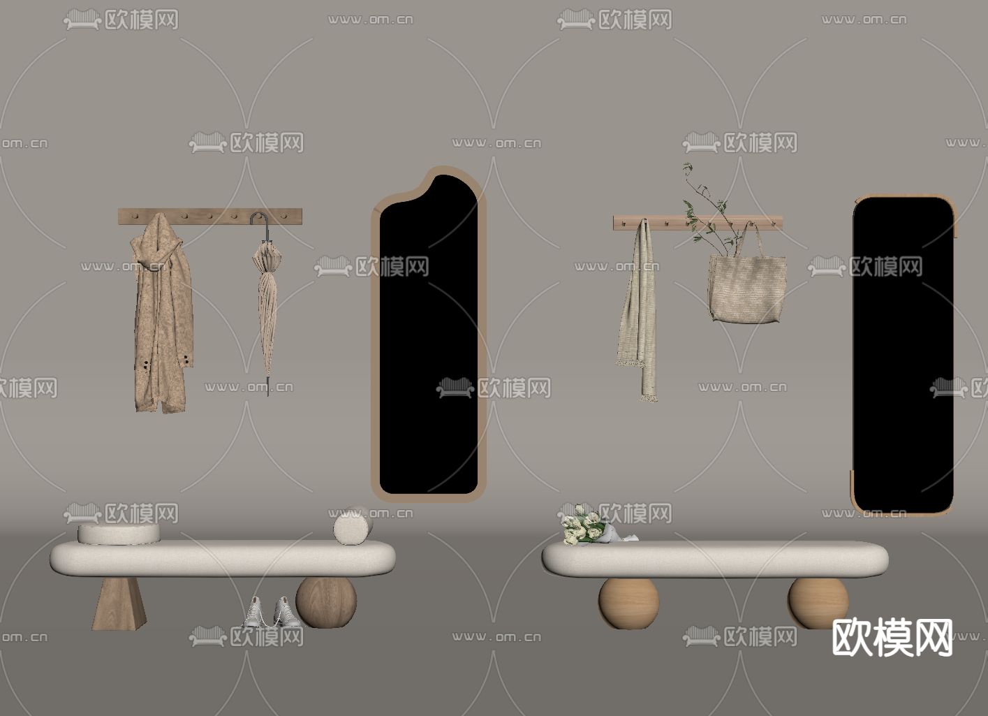 鞋凳 镜子 挂衣板su模型下载（渲染图1）