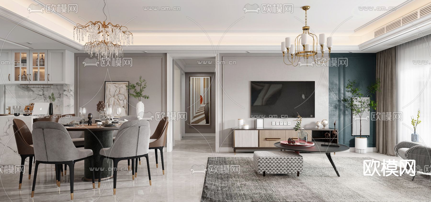 简欧客餐厅3d模型下载（渲染图2）