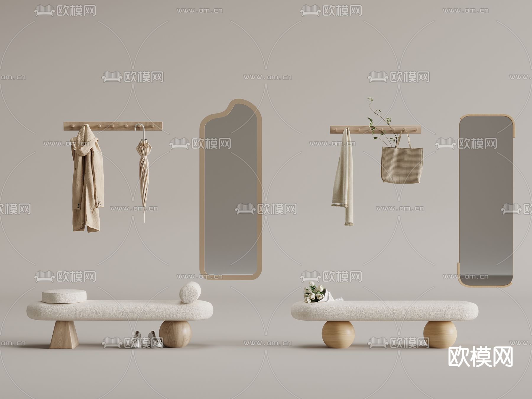 鞋凳 镜子 挂衣板su模型下载（渲染图2）