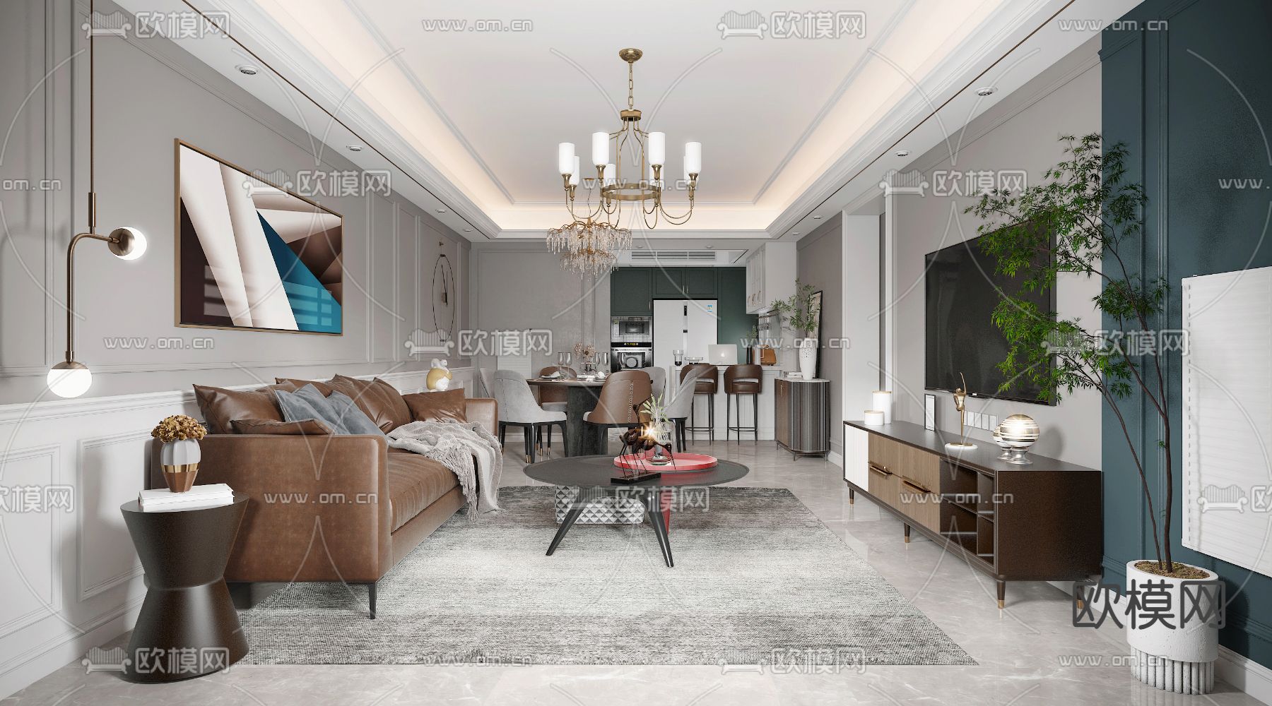 简欧客餐厅3d模型下载（渲染图1）