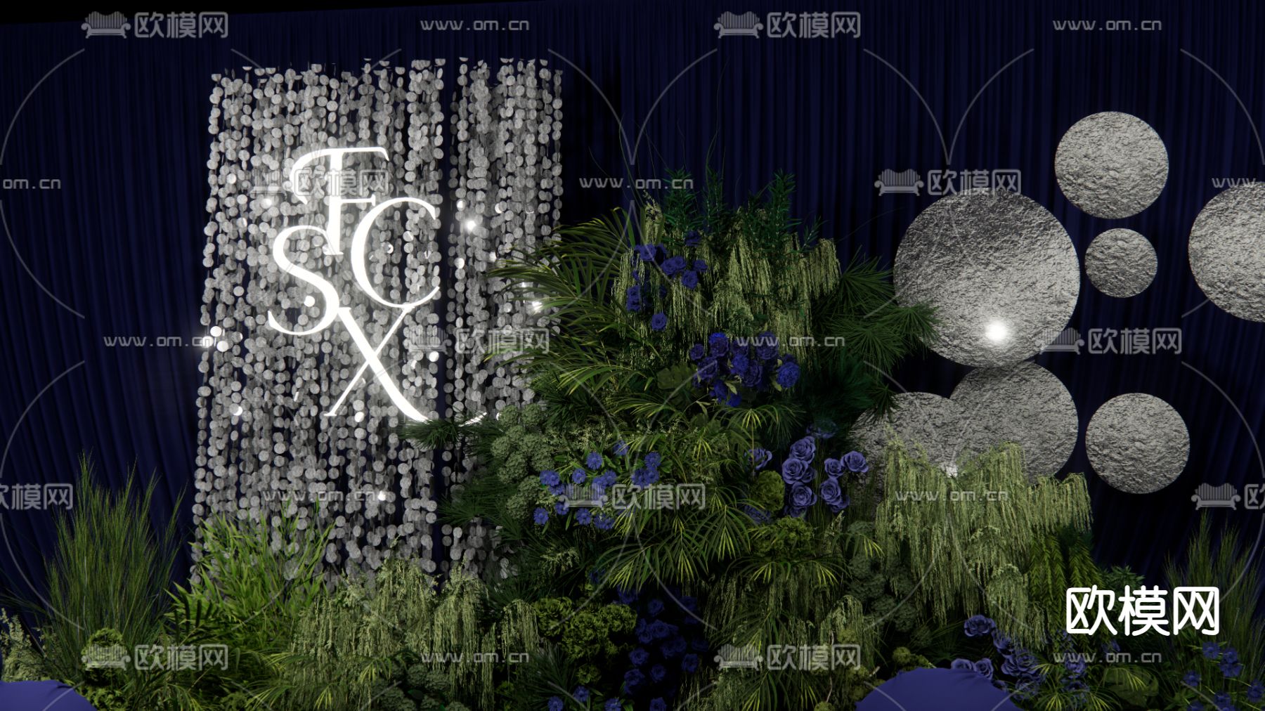 深蓝色布幔 婚礼主舞台su模型下载（渲染图5）