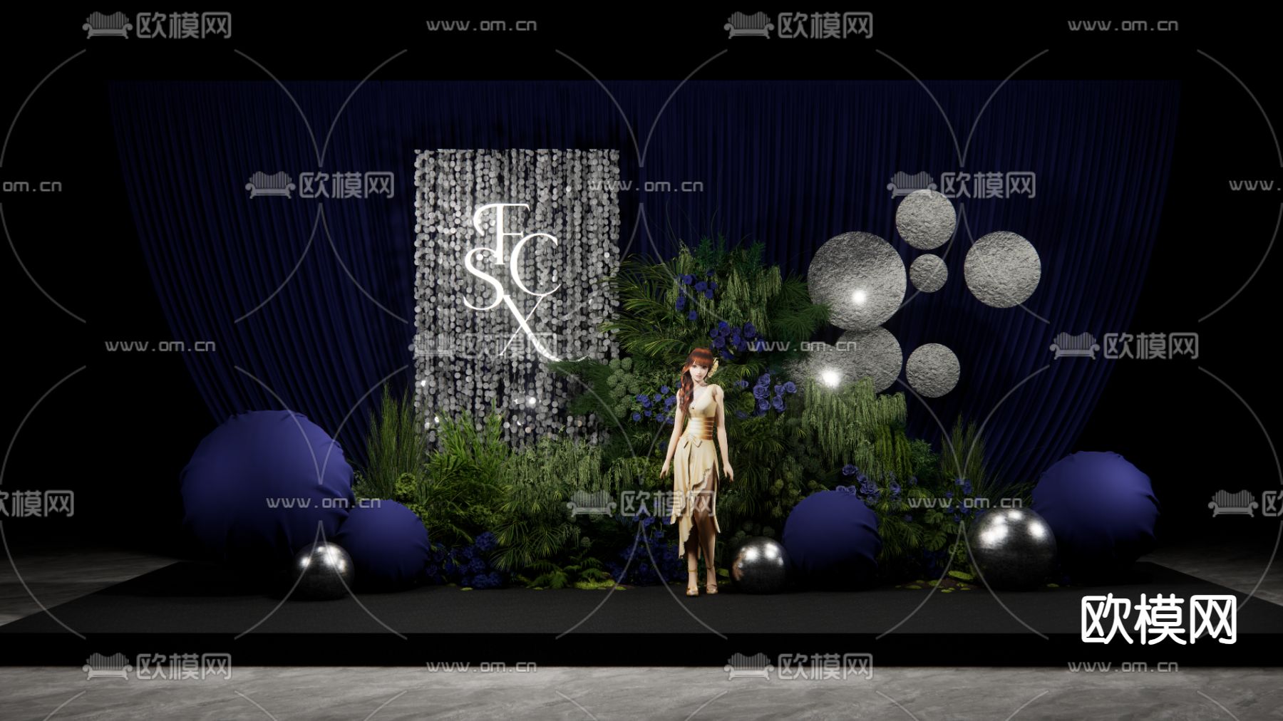 深蓝色布幔 婚礼主舞台su模型下载（渲染图2）