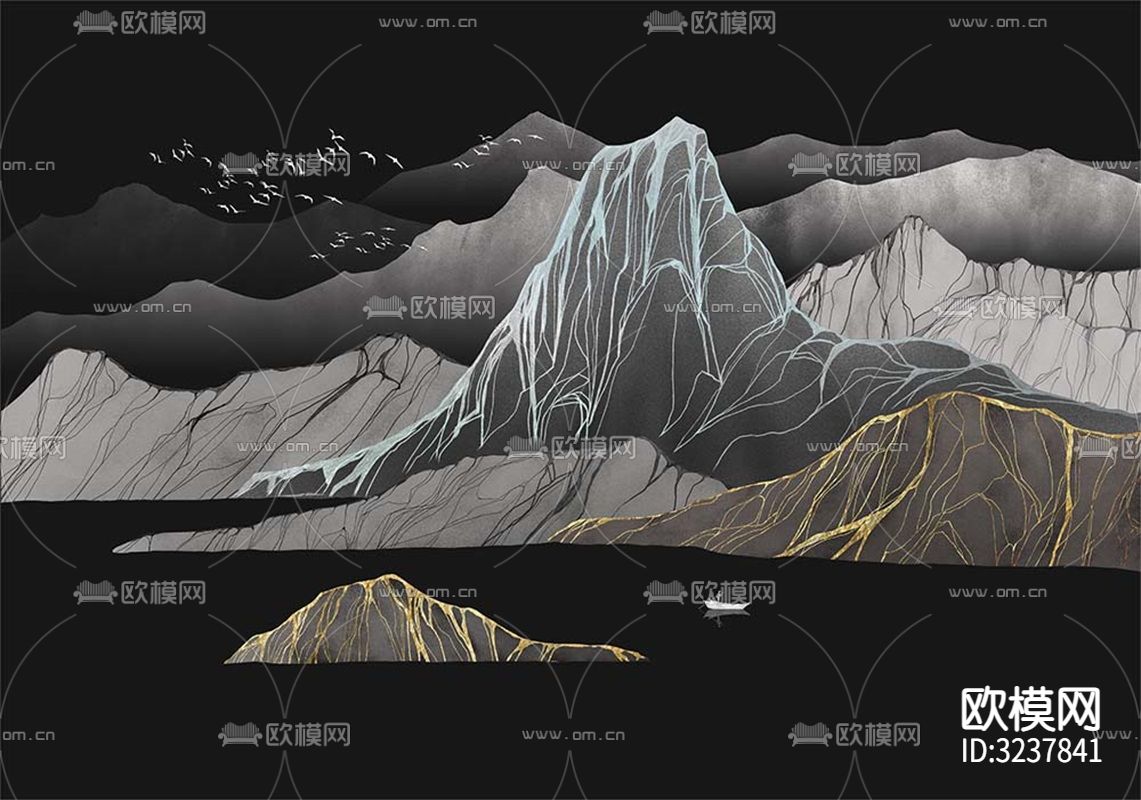 新中式黑色山水艺术壁纸贴图下载