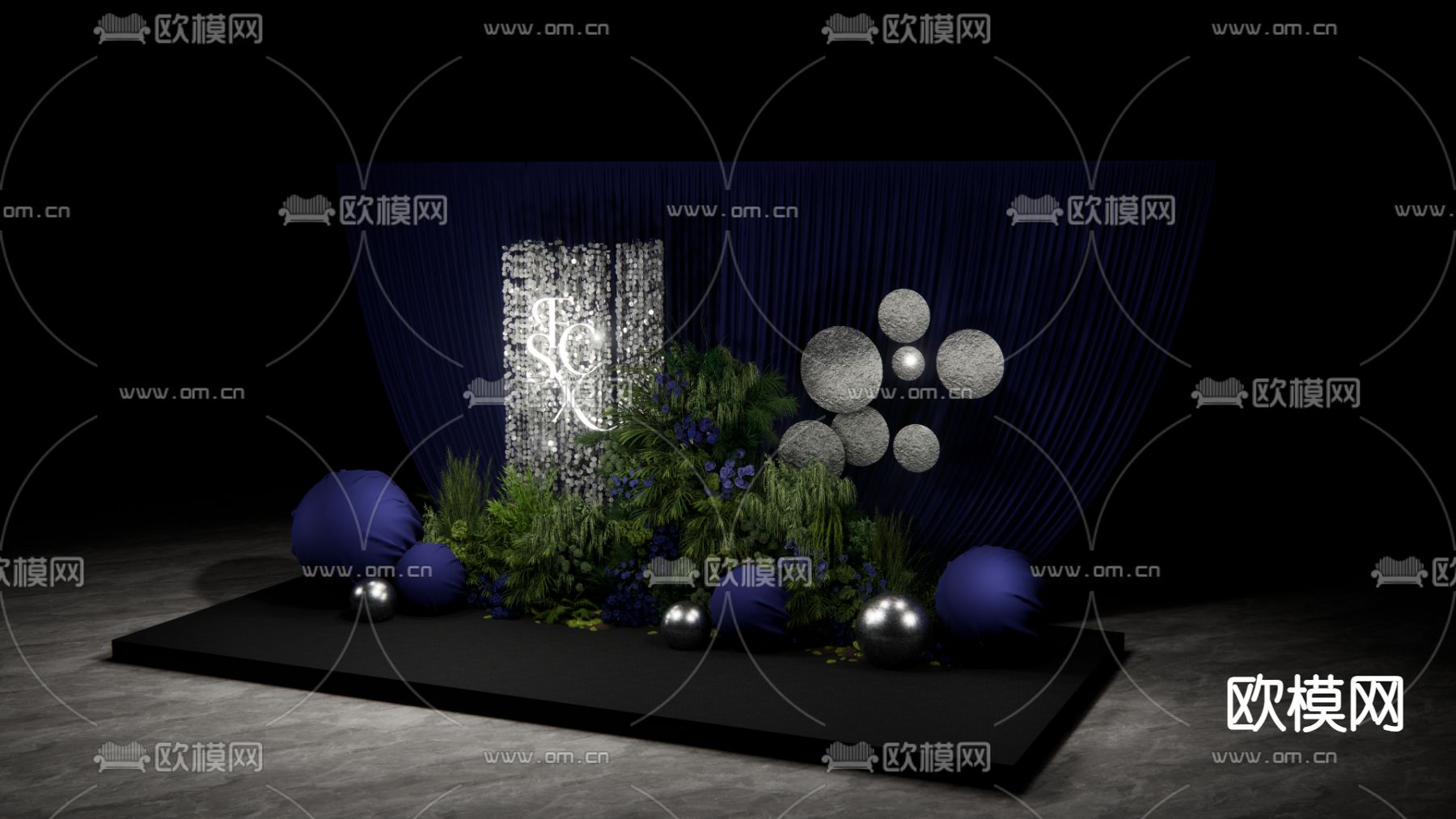 深蓝色布幔 婚礼主舞台su模型下载（渲染图4）