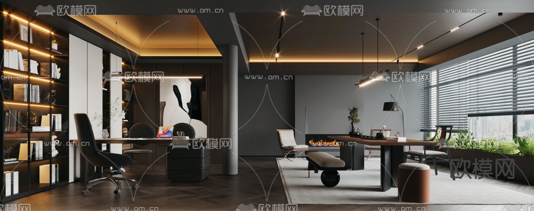 高级灰经理室 总经理室3d模型下载（渲染图2）