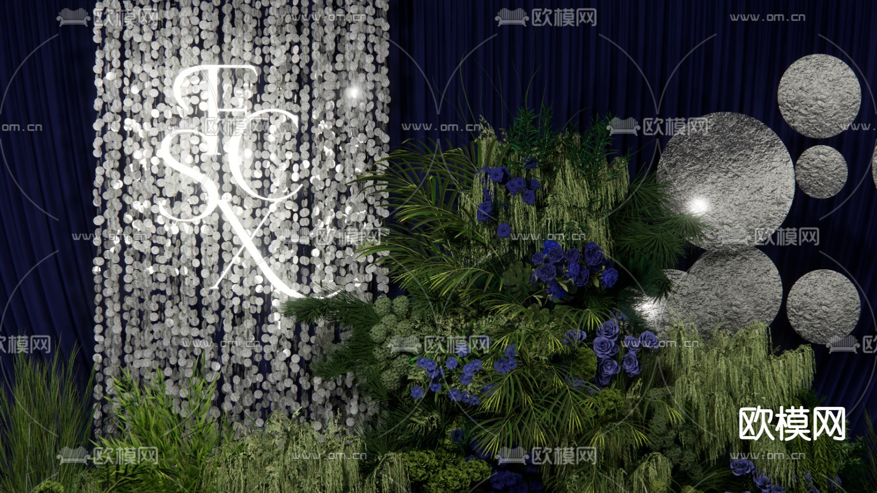 深蓝色布幔 婚礼主舞台su模型下载（渲染图3）
