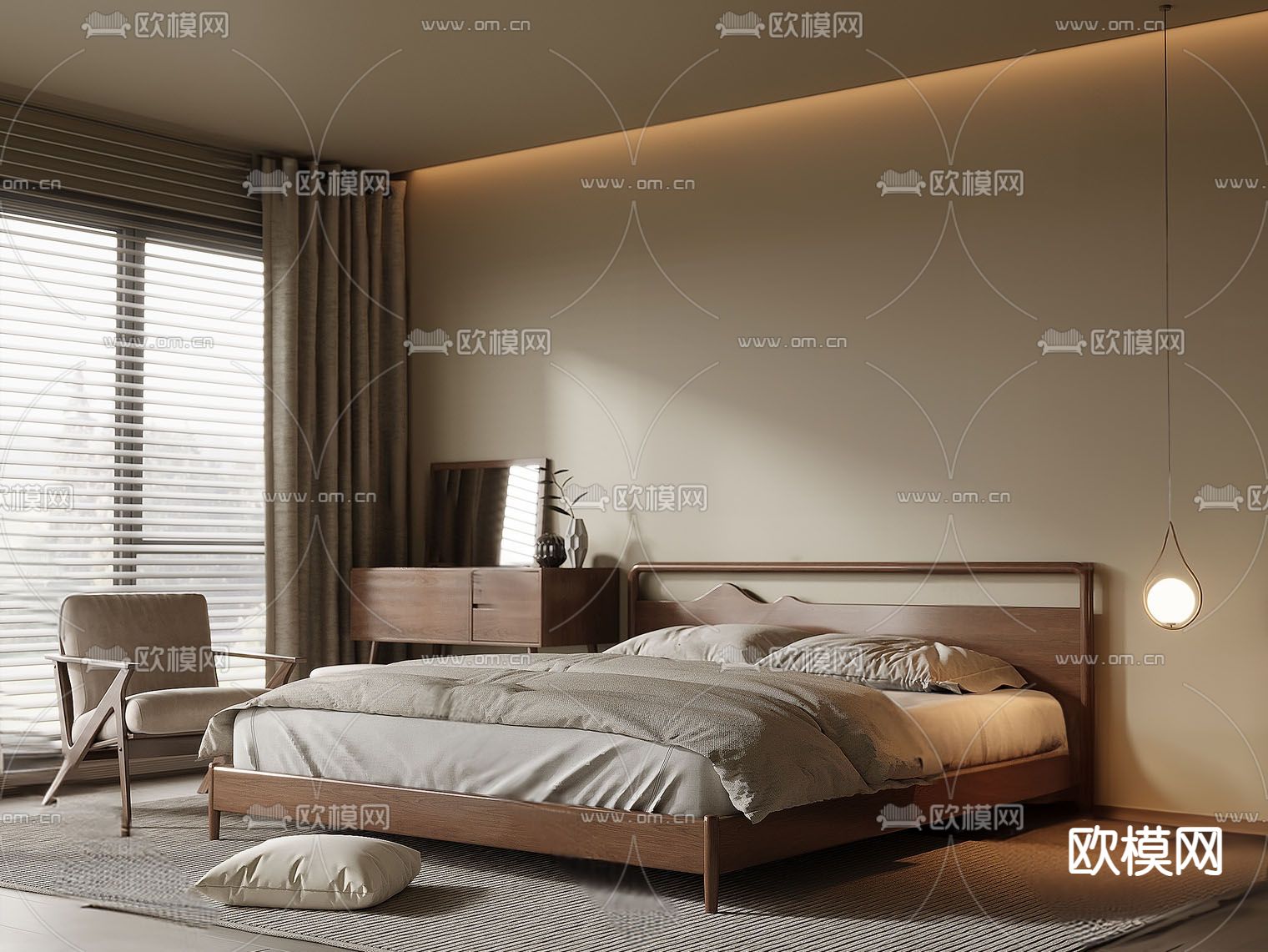 中古风 主卧双人床 实木双人床3d模型下载