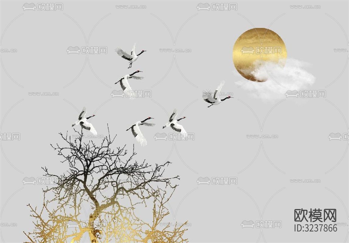 新中式金箔仙鹤太阳壁画 壁纸贴图