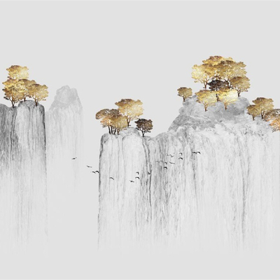  新中式金箔山水壁画 壁纸贴图 