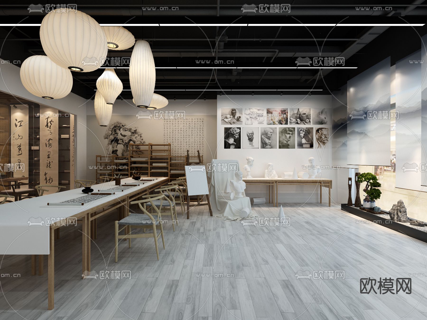 新中式美术馆 画室3d模型下载（渲染图1）
