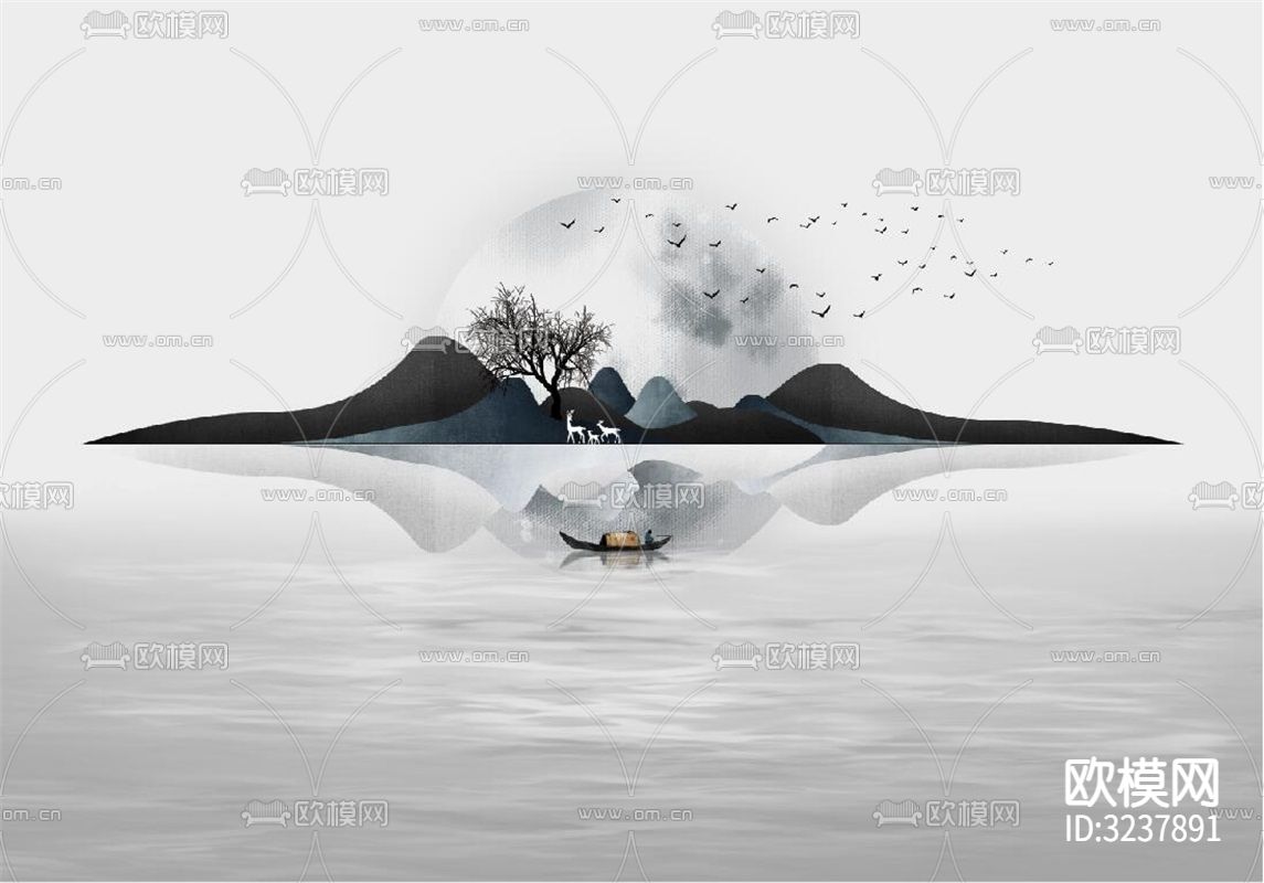 新中式山水意境壁画 壁纸贴图下载