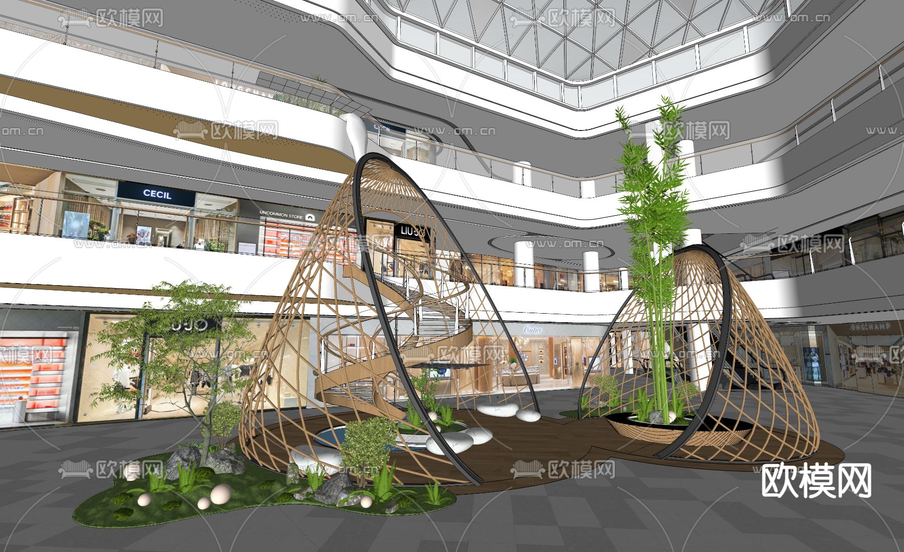 现代商场中庭 旋转楼梯su模型下载（渲染图1）