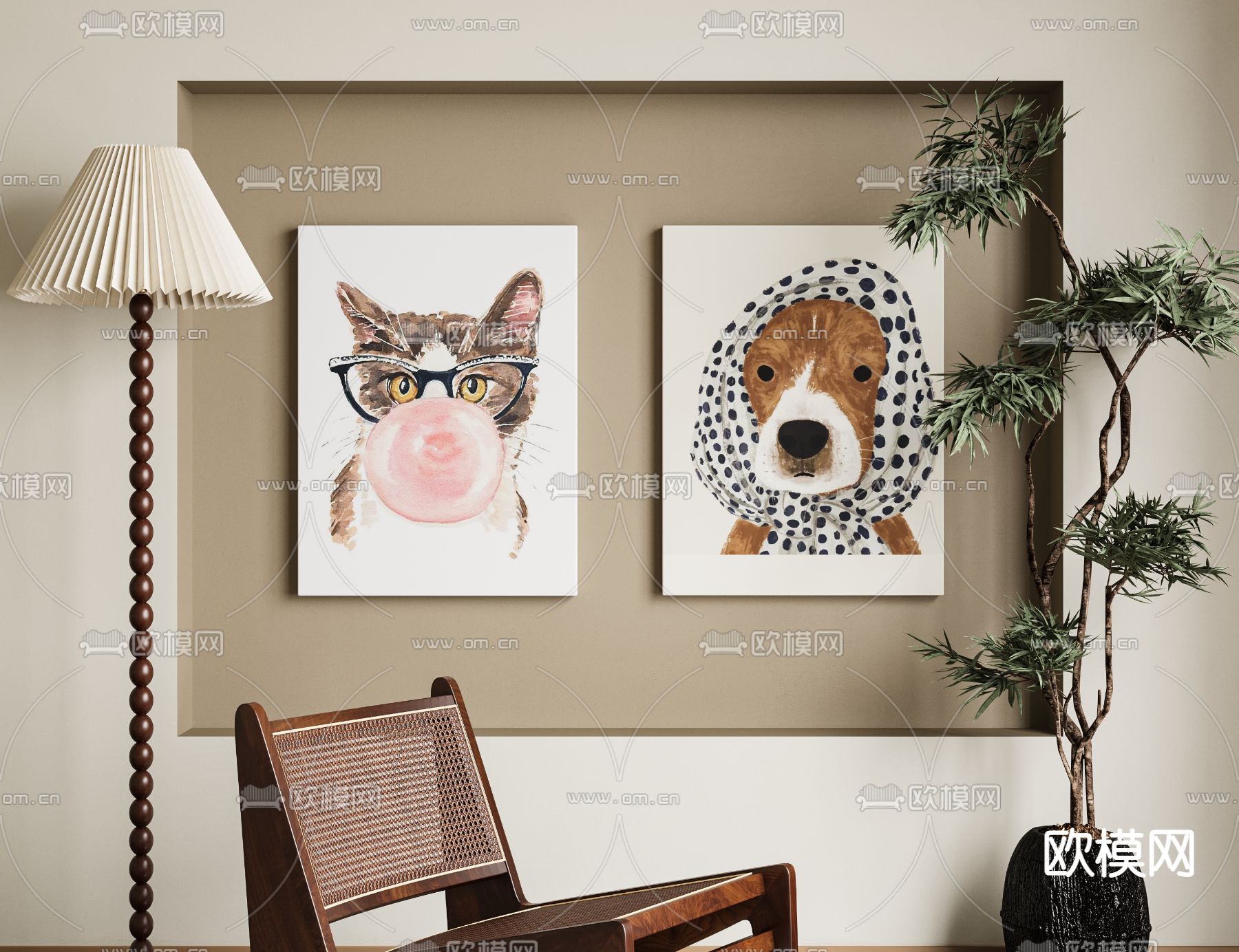 中古风挂画 动物挂画 装饰画3d模型下载