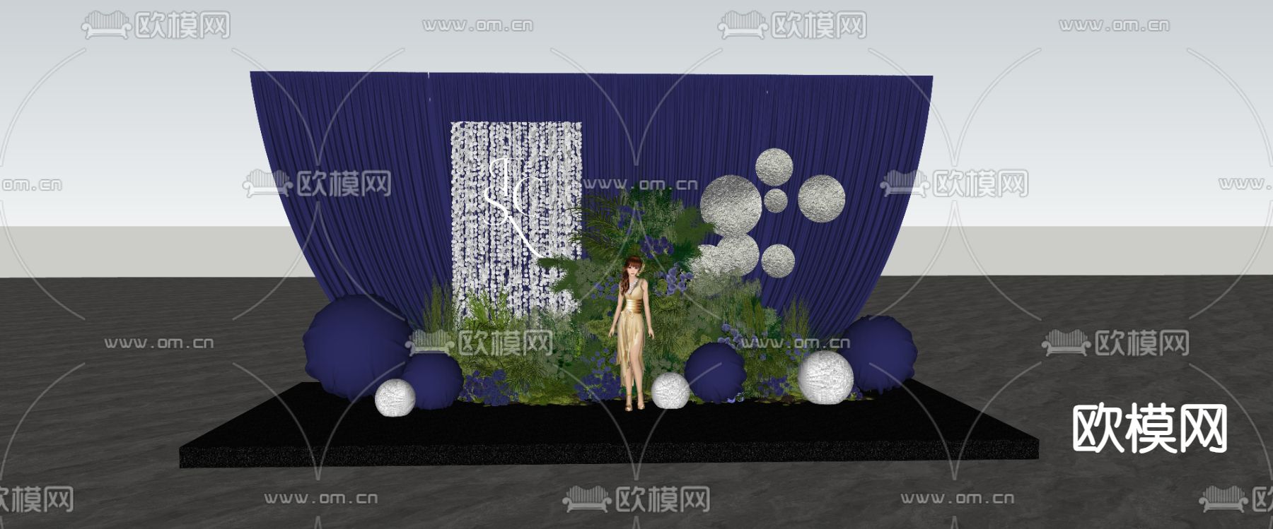 深蓝色布幔 婚礼主舞台su模型下载（渲染图1）