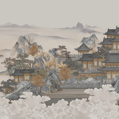  新中式古建筑壁纸贴图 