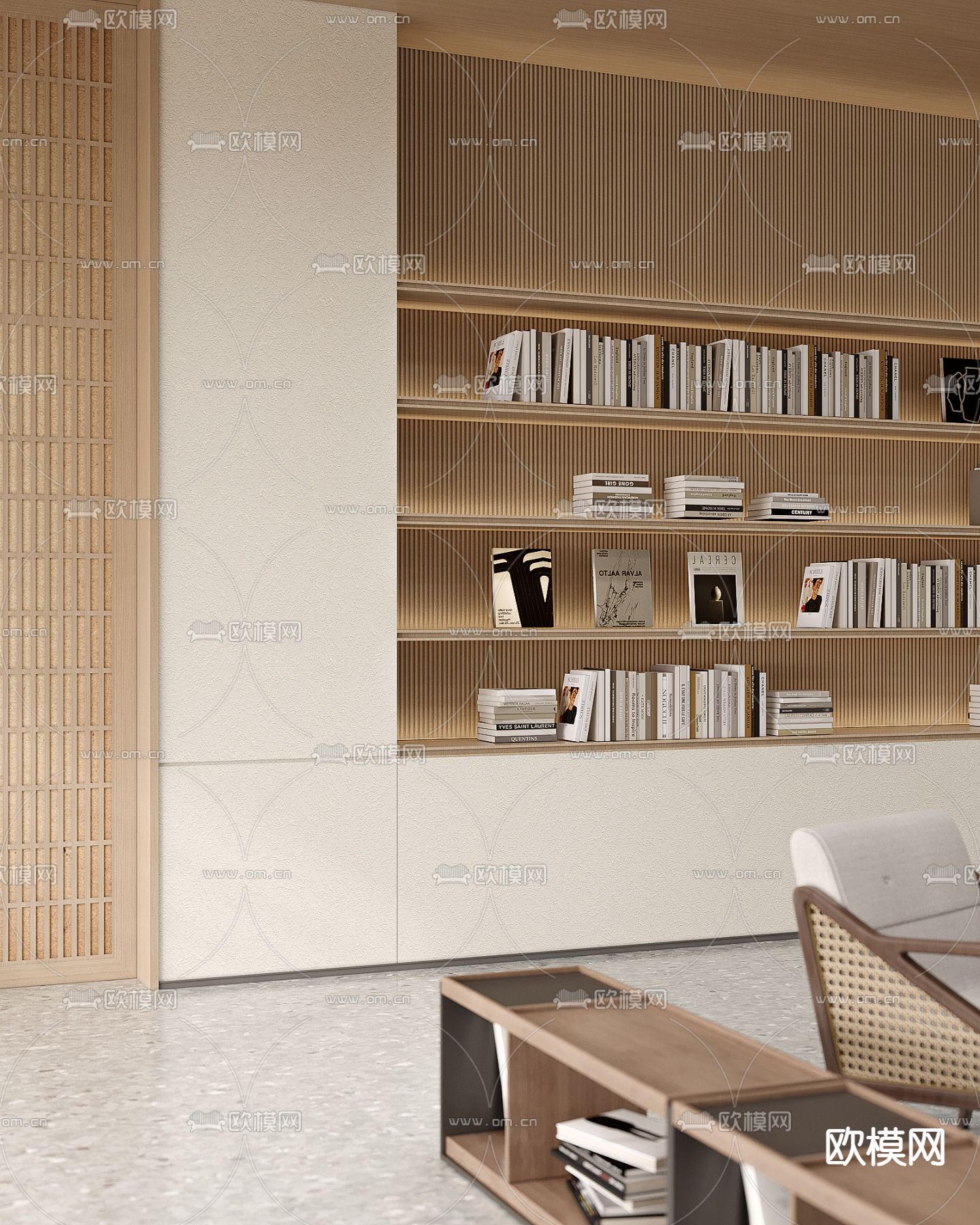 新中式图书馆 书店 书吧3d模型下载（渲染图2）