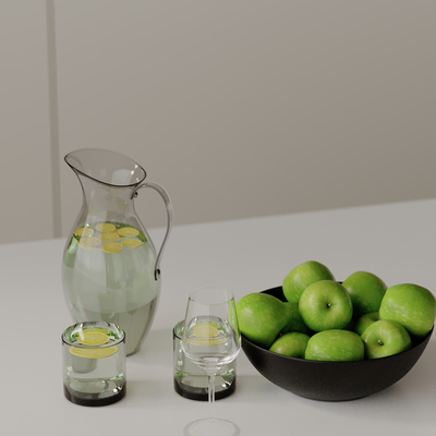  果盘 青苹果 柠檬水su模型 