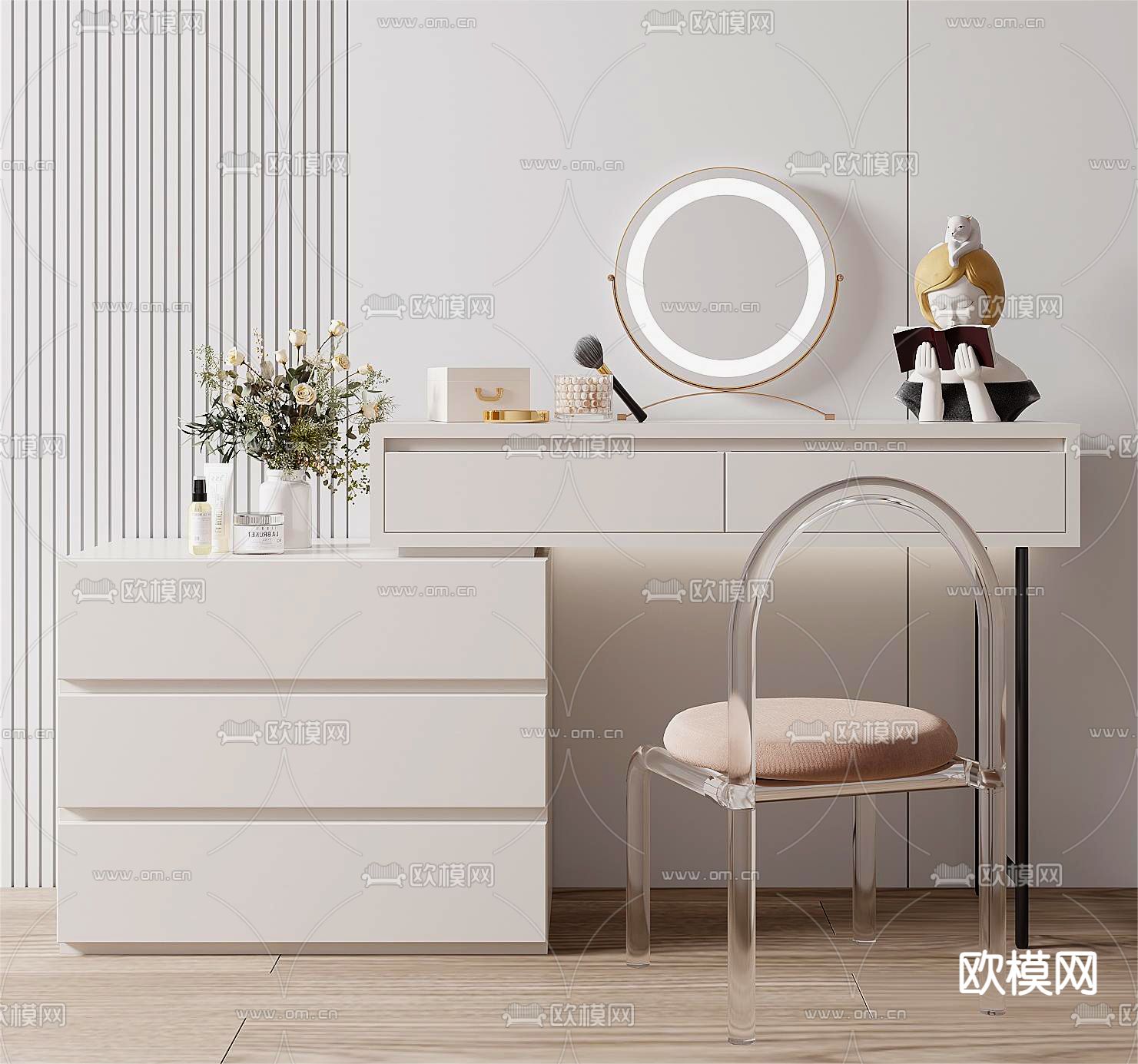 奶油风梳妆台su模型下载（渲染图2）