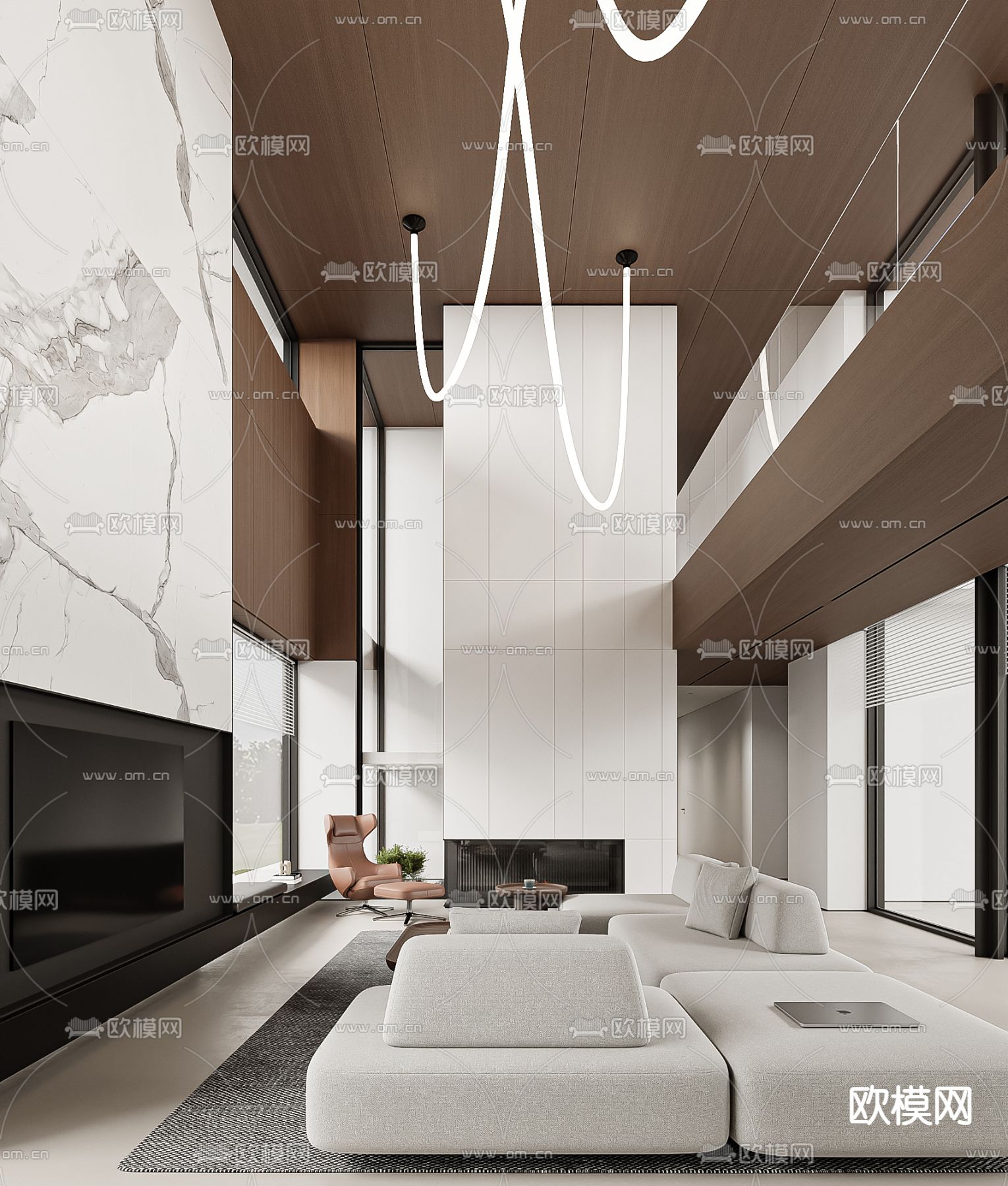 原木风别墅大堂 挑空客厅su模型下载（渲染图2）