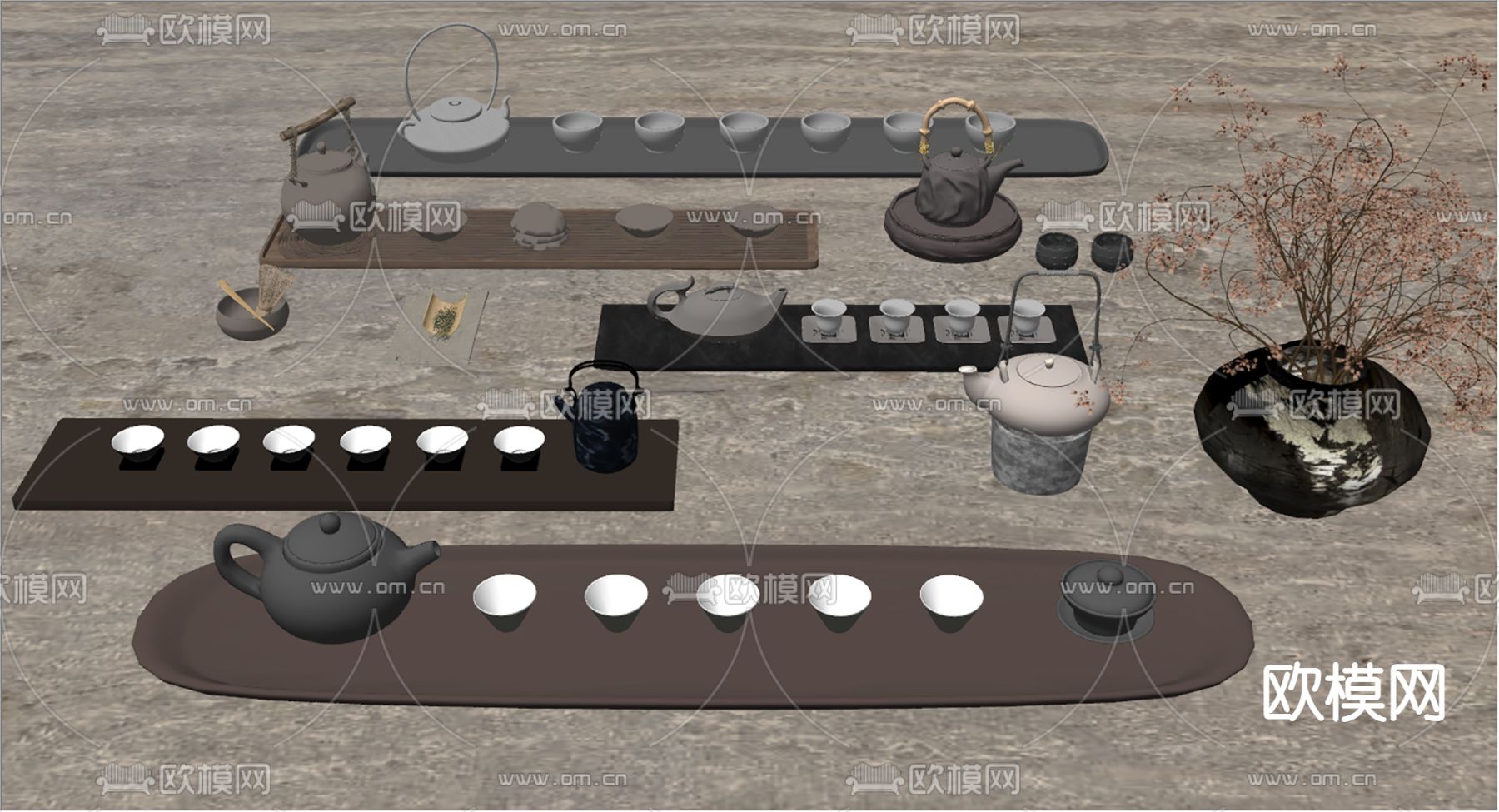 中式茶具 茶壶 茶杯su模型下载（渲染图1）