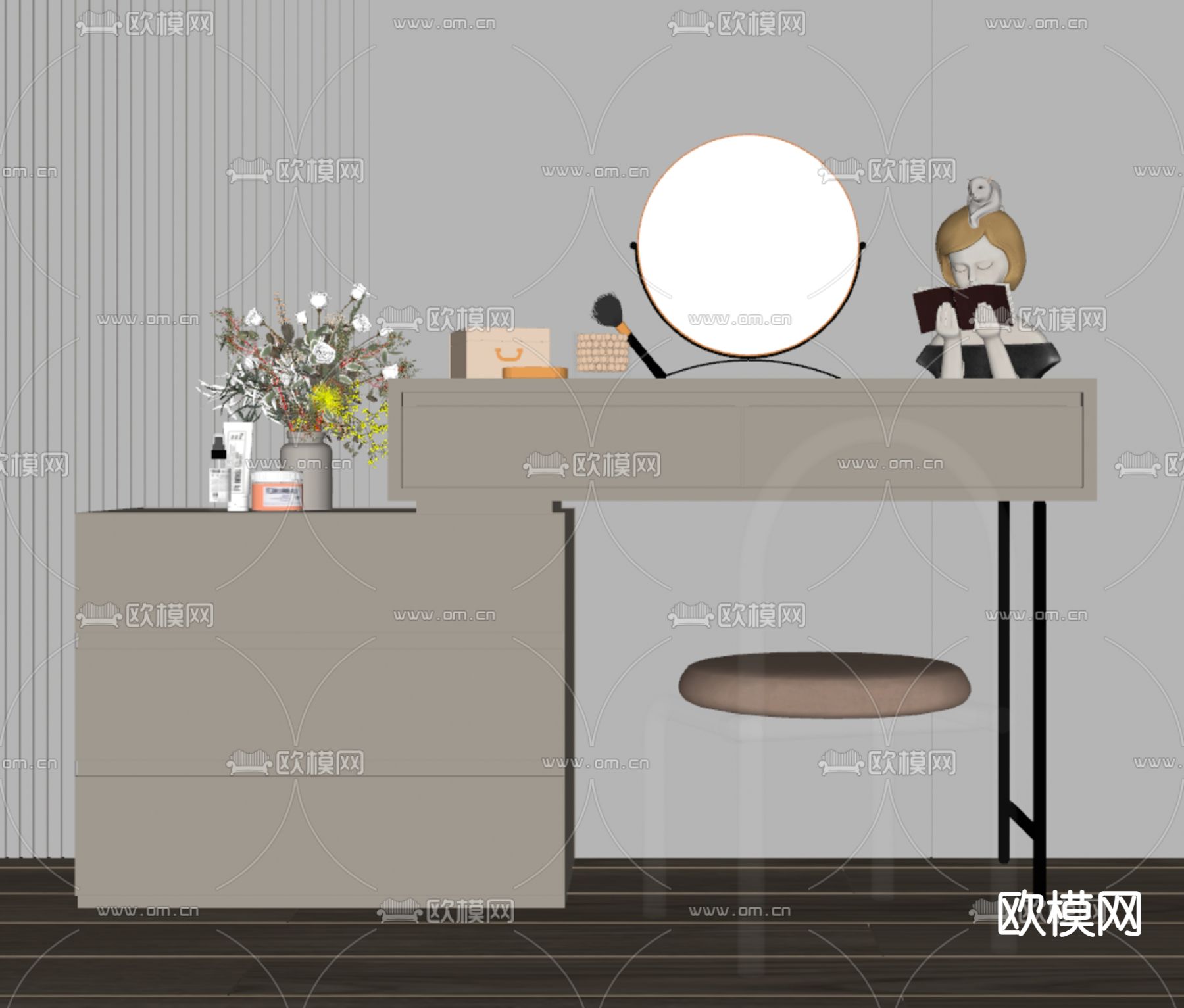 奶油风梳妆台su模型下载（渲染图1）