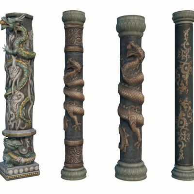  中式盘龙柱 景观柱 龙纹立柱su模型 