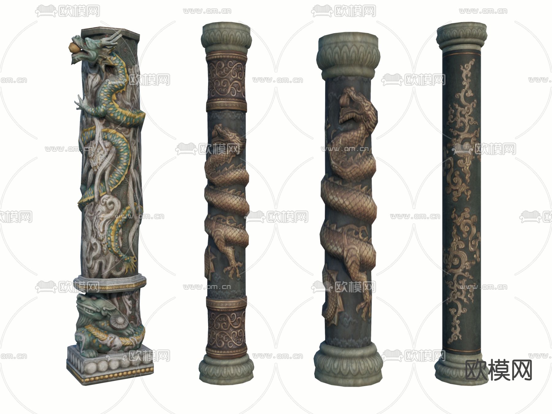 中式盘龙柱 景观柱 龙纹立柱su模型下载（渲染图2）
