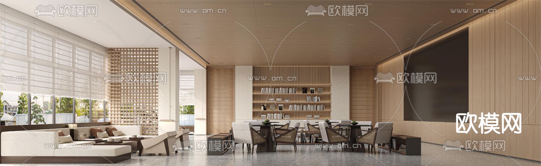 新中式图书馆 书店 书吧3d模型下载（渲染图1）