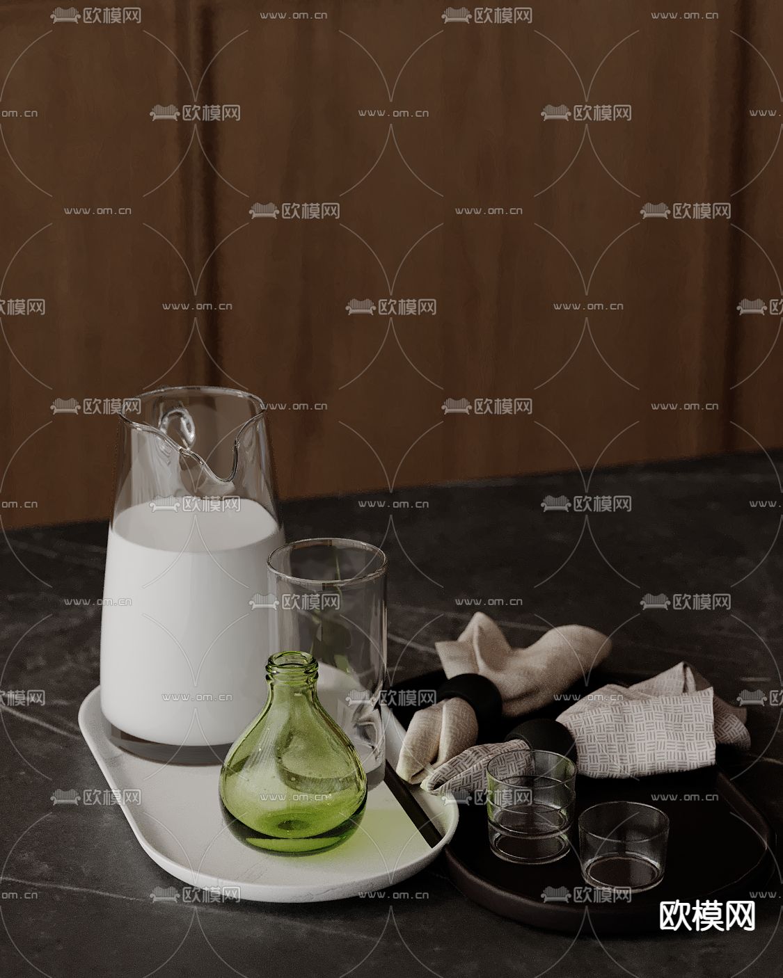 牛奶 玻璃杯 托盘su模型下载（渲染图2）