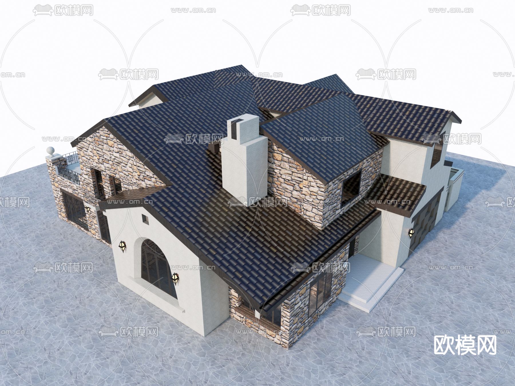 美式别墅 独栋别墅su模型下载（渲染图2）