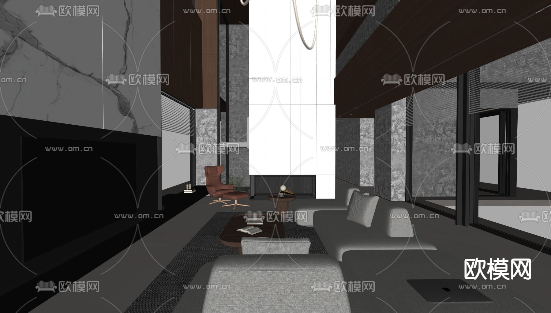 原木风别墅大堂 挑空客厅su模型下载（渲染图1）
