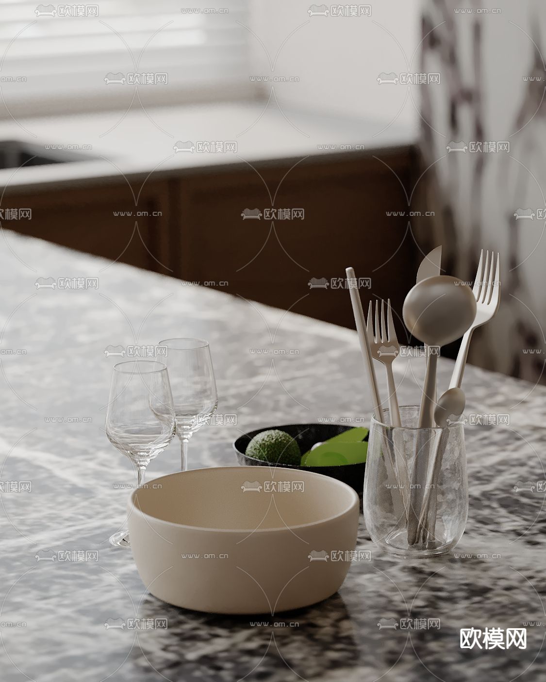餐具 刀叉 水杯 牛油果su模型下载（渲染图2）