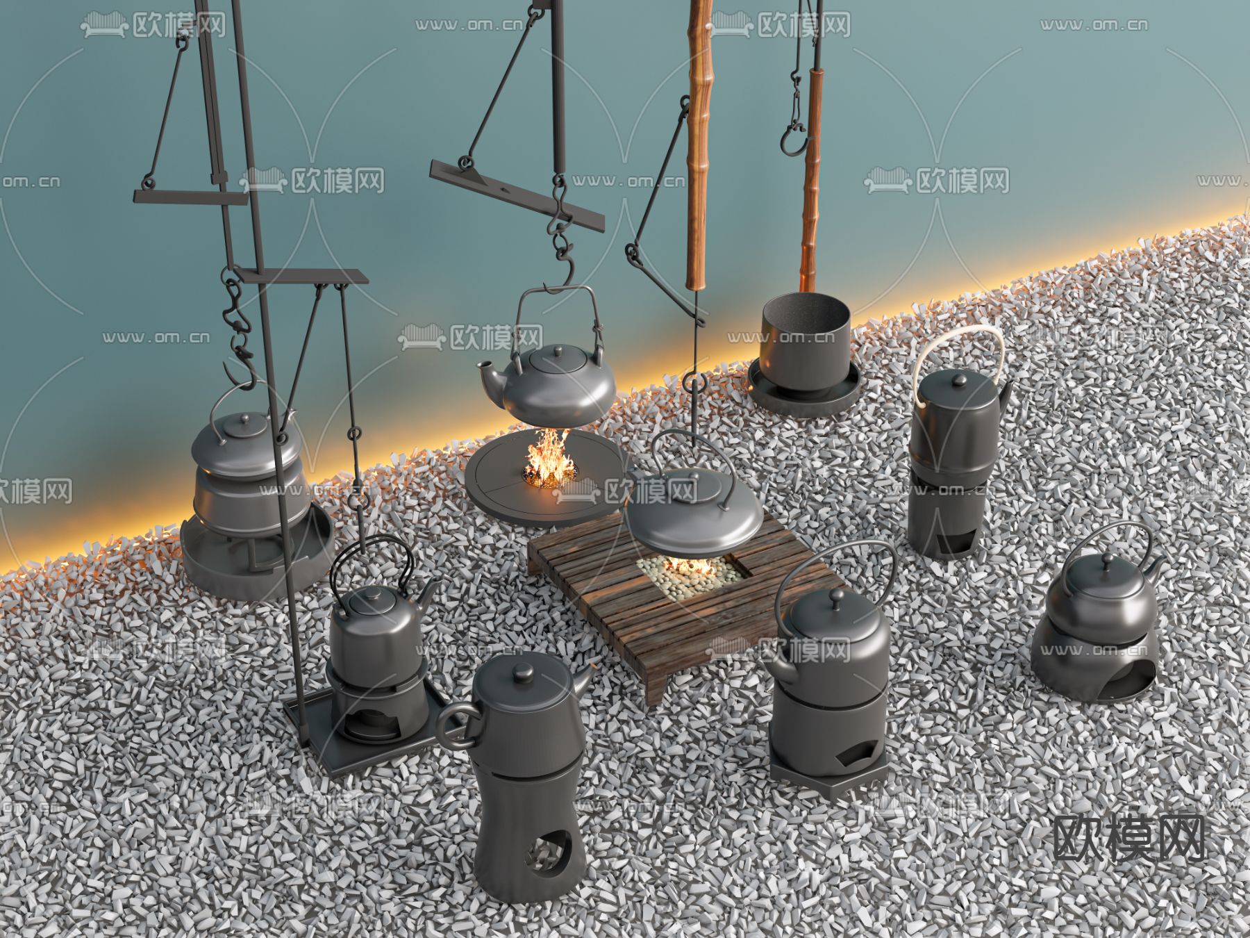 新中式茶具 围炉煮茶 茶壶 钓壶su模型下载（渲染图2）