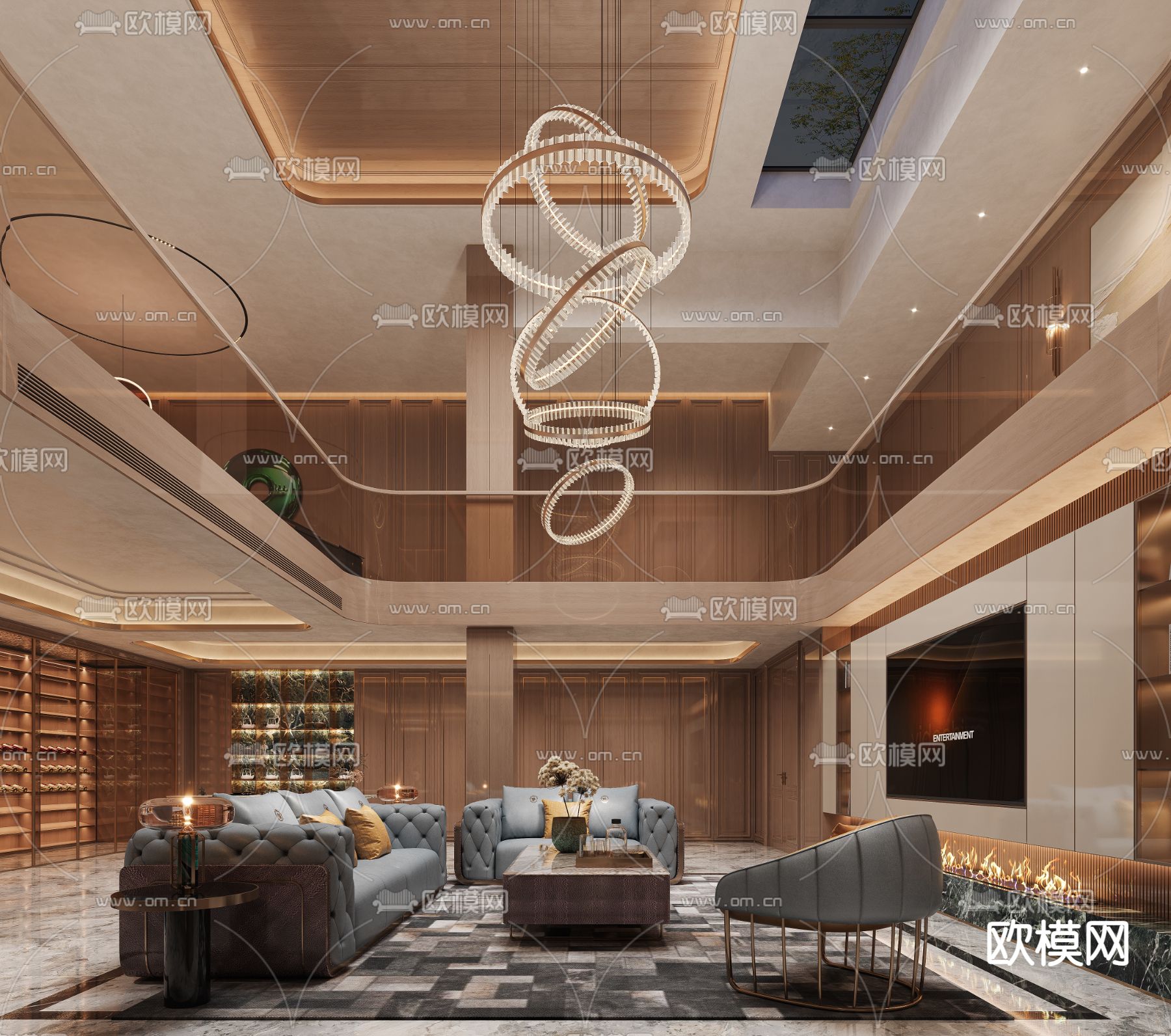 轻奢别墅客厅 别墅大堂3d模型下载（渲染图1）